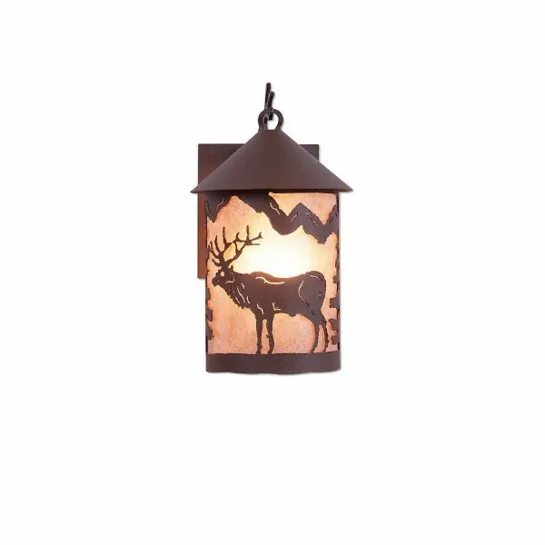 Rustic style Exterior Wall LIghts handmade in USA by Avalanche Ranch Lighting. This light features our exclusive metal wildlife art of a Elk. This Outdoor Wall Light is ideal for anyone looking to add rustic character or unique log home lighting to their home. Dimensions (inches): 12h x 6w and Takes 1 - Type A19 bulb - 100W max. Collection: Cascade Lantern-Valley Elk Finish: Rustic Brown Glass: Almond Mica Width: 6.00" Height: 11.00" Extension from Wall: 8.00" Number of Bulbs: 1 Maximum Wattage: 100.00 W Bulb Type: A19 Bulb Base: Medium