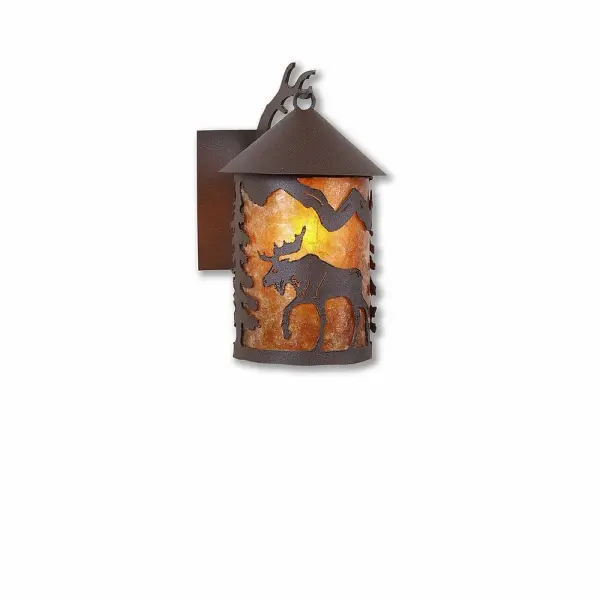 Rustic style Exterior Wall LIghts handmade in USA by Avalanche Ranch Lighting. This light features our exclusive metal wildlife art of a Moose. This Outdoor Wall Light is ideal for anyone looking to add rustic character or unique log home lighting to their home. Dimensions (inches): 12h x 6w and Takes 1 - Type A19 bulb - 100W max. Collection: Cascade Lantern-Mountain Moose Finish: Rustic Brown Glass: Amber Mica Width: 6.00" Height: 11.00" Extension from Wall: 8.00" Number of Bulbs: 1 Maximum Wattage: 100.00 W Bulb Type: A19 Bulb Base: Medium