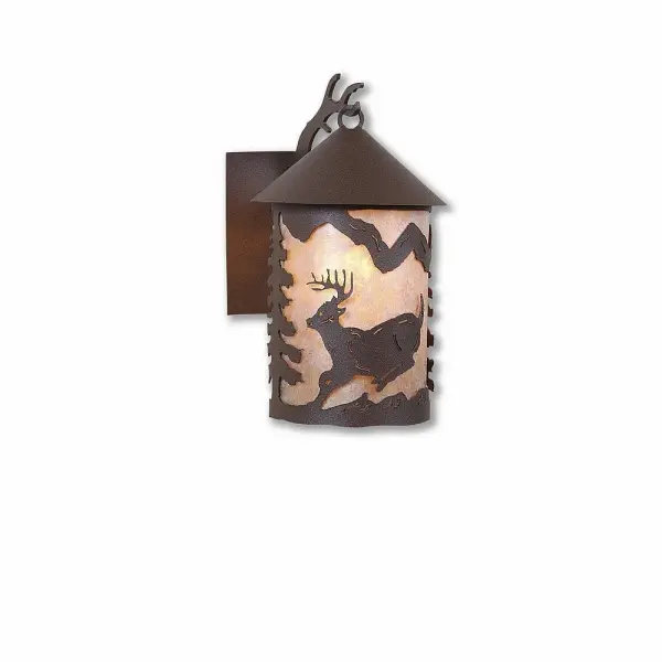 Country style Exterior Wall LIghts handmade in USA by Avalanche Ranch Lighting. This light features our exclusive metal wildlife art of a Deer. This Outdoor Wall Light is ideal for anyone looking to add rustic character or unique log home lighting to their home. Dimensions (inches): 12h x 6w and Takes 1 - Type A19 bulb - 100W max. Collection: Cascade Lantern-Mountain Deer Finish: Rustic Brown Glass: Almond Mica Width: 6.00" Height: 11.00" Extension from Wall: 8.00" Number of Bulbs: 1 Maximum Wattage: 100.00 W Bulb Type: A19 Bulb Base: Medium