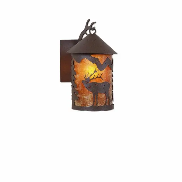 Farmhouse style Exterior Wall LIghts handmade in USA by Avalanche Ranch Lighting. This light features our exclusive metal wildlife art of a Elk. This Outdoor Wall Light is ideal for anyone looking to add rustic character or unique log home lighting to their home. Dimensions (inches): 12h x 6w and Takes 1 - Type A19 bulb - 100W max. Collection: Cascade Lantern-Mountain Elk Finish: Rustic Brown Glass: Amber Mica Width: 6.00" Height: 11.00" Extension from Wall: 8.00" Number of Bulbs: 1 Maximum Wattage: 100.00 W Bulb Type: A19 Bulb Base: Medium