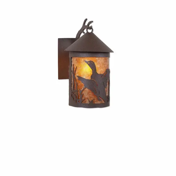 Mountain Cabin style Exterior Wall LIghts handmade in USA by Avalanche Ranch Lighting. This light features our exclusive metal wildlife art of a Loon. This Outdoor Wall Light is ideal for anyone looking to add rustic character or unique log home lighting to their home. Dimensions (inches): 12h x 6w and Takes 1 - Type A19 bulb - 100W max. Collection: Cascade Lantern-Loon Finish: Rustic Brown Glass: Amber Mica Width: 6.00" Height: 11.00" Extension from Wall: 8.00" Number of Bulbs: 1 Maximum Wattage: 100.00 W Bulb Type: A19 Bulb Base: Medium