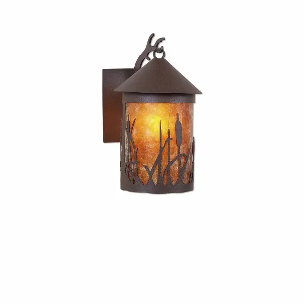 Ski Cabin style Exterior Wall LIghts handmade in USA by Avalanche Ranch Lighting. This light features our exclusive metal wildlife art of a Cattails. This Outdoor Wall Light is ideal for anyone looking to add rustic character or unique log home lighting to their home. Dimensions (inches): 12h x 6w and Takes 1 - Type A19 bulb - 100W max. Collection: Cascade Lantern-Cattails Finish: Rustic Brown Glass: Amber Mica Width: 6.00" Height: 11.00" Extension from Wall: 8.00" Number of Bulbs: 1 Maximum Wattage: 100.00 W Bulb Type: A19 Bulb Base: Medium