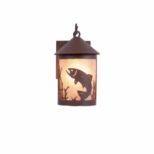 River Cabin style Exterior Wall LIghts handmade in USA by Avalanche Ranch Lighting. This light features our exclusive metal wildlife art of a Trout. This Outdoor Wall Light is ideal for anyone looking to add rustic character or unique log home lighting to their home. Dimensions (inches): 12h x 6w and Takes 1 - Type A19 bulb - 100W max. Collection: Cascade Lantern-Trout Finish: Rustic Brown Glass: Almond Mica Width: 6.00" Height: 11.00" Extension from Wall: 8.00" Number of Bulbs: 1 Maximum Wattage: 100.00 W Bulb Type: A19 Bulb Base: Medium
