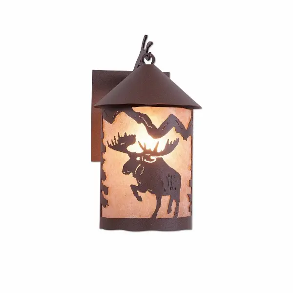 Country style Exterior Wall LIghts handmade in USA by Avalanche Ranch Lighting. This light features our exclusive metal wildlife art of a Moose. This Outdoor Wall Light is ideal for anyone looking to add rustic character or unique log home lighting to their home. Dimensions (inches): 14h x 8w and Takes 1 - Type A21 bulb - 150W max. Collection: Cascade Lantern-Alaska Moose Finish: Rustic Brown Glass: Almond Mica Width: 8.00" Height: 13.00" Extension from Wall: 10.00" Number of Bulbs: 1 Maximum Wattage: 150.00 W Bulb Type: A19 Bulb Base: Medium