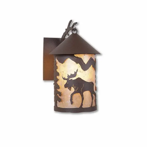 Log Cabin style Exterior Wall LIghts handmade in USA by Avalanche Ranch Lighting. This light features our exclusive metal wildlife art of a Moose. This Outdoor Wall Light is ideal for anyone looking to add rustic character or unique log home lighting to their home. Dimensions (inches): 14h x 8w and Takes 1 - Type A21 bulb - 150W max. Collection: Cascade Lantern-Mountain Moose Finish: Rustic Brown Glass: Almond Mica Width: 8.00" Height: 13.00" Extension from Wall: 10.00" Number of Bulbs: 1 Maximum Wattage: 150.00 W Bulb Type: A19 Bulb Base: Medium