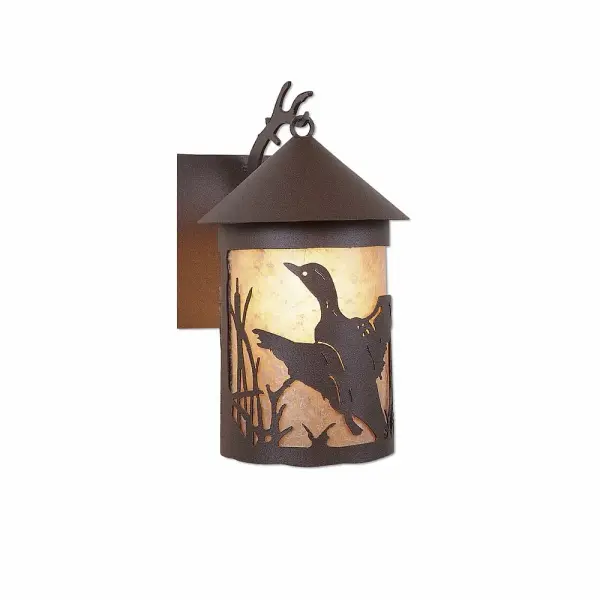 Lodge style Exterior Wall LIghts handmade in USA by Avalanche Ranch Lighting. This light features our exclusive metal wildlife art of a Loon. This Outdoor Wall Light is ideal for anyone looking to add rustic character or unique log home lighting to their home. Dimensions (inches): 14h x 8w and Takes 1 - Type A21 bulb - 150W max. Collection: Cascade Lantern-Loon Finish: Rustic Brown Glass: Almond Mica Width: 8.00" Height: 13.00" Extension from Wall: 10.00" Number of Bulbs: 1 Maximum Wattage: 150.00 W Bulb Type: A19 Bulb Base: Medium