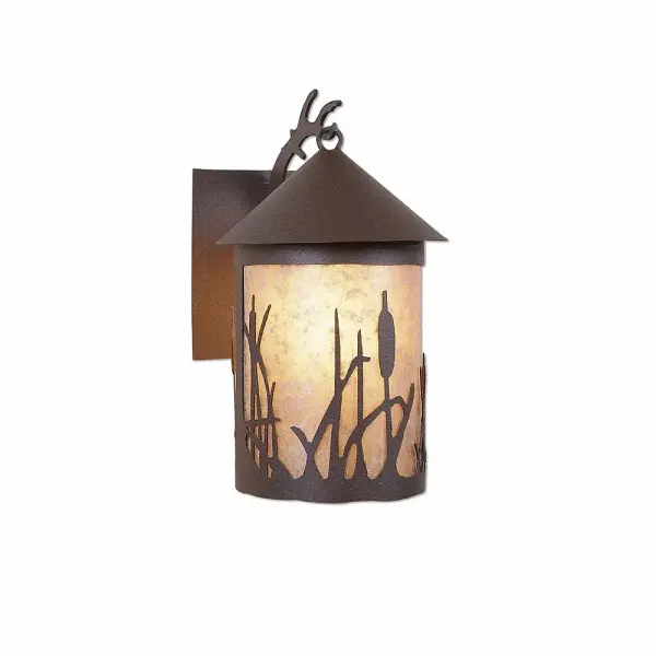 Rustic style Exterior Wall LIghts handmade in USA by Avalanche Ranch Lighting. This light features our exclusive metal wildlife art of a Cattails. This Outdoor Wall Light is ideal for anyone looking to add rustic character or unique log home lighting to their home. Dimensions (inches): 14h x 8w and Takes 1 - Type A21 bulb - 150W max. Collection: Cascade Lantern-Cattails Finish: Rustic Brown Glass: Almond Mica Width: 8.00" Height: 13.00" Extension from Wall: 10.00" Number of Bulbs: 1 Maximum Wattage: 150.00 W Bulb Type: A19 Bulb Base: Medium