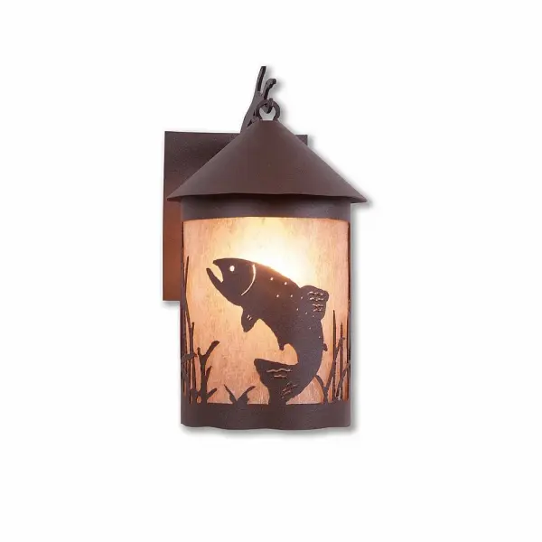 Country style Exterior Wall LIghts handmade in USA by Avalanche Ranch Lighting. This light features our exclusive metal wildlife art of a Trout. This Outdoor Wall Light is ideal for anyone looking to add rustic character or unique log home lighting to their home. Dimensions (inches): 14h x 8w and Takes 1 - Type A21 bulb - 150W max. Collection: Cascade Lantern-Trout Finish: Rustic Brown Glass: Almond Mica Width: 8.00" Height: 13.00" Extension from Wall: 10.00" Number of Bulbs: 1 Maximum Wattage: 150.00 W Bulb Type: A19 Bulb Base: Medium