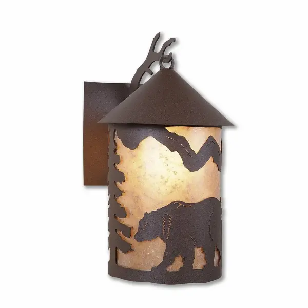 River Cabin style Exterior Wall LIghts handmade in USA by Avalanche Ranch Lighting. This light features our exclusive metal wildlife art of a Bear. This Outdoor Wall Light is ideal for anyone looking to add rustic character or unique log home lighting to their home. Dimensions (inches): 17h x 10w and Takes 1 - Type A21 bulb - 150W max. Collection: Cascade Lantern-Mountain Bear Finish: Rustic Brown Glass: Almond Mica Width: 10.00" Height: 17.00" Extension from Wall: 12.00" Number of Bulbs: 1 Maximum Wattage: 150.00 W Bulb Type: A19 Bulb Base: Medium