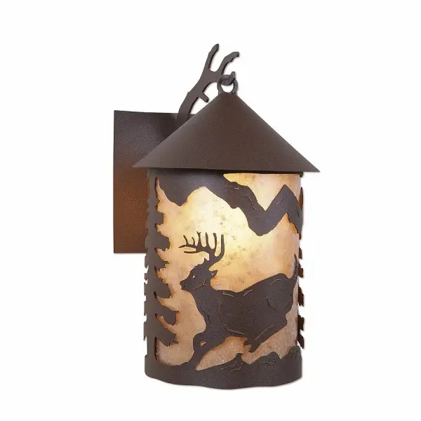 Lodge style Exterior Wall LIghts handmade in USA by Avalanche Ranch Lighting. This light features our exclusive metal wildlife art of a Deer. This Outdoor Wall Light is ideal for anyone looking to add rustic character or unique log home lighting to their home. Dimensions (inches): 17h x 10w and Takes 1 - Type A21 bulb - 150W max. Collection: Cascade Lantern-Mountain Deer Finish: Rustic Brown Glass: Almond Mica Width: 10.00" Height: 17.00" Extension from Wall: 12.00" Number of Bulbs: 1 Maximum Wattage: 150.00 W Bulb Type: A19 Bulb Base: Medium