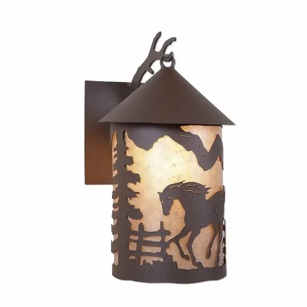 Western style Exterior Wall LIghts handmade in USA by Avalanche Ranch Lighting. This light features our exclusive metal wildlife art of a Horse. This Outdoor Wall Light is ideal for anyone looking to add rustic character or unique log home lighting to their home. Dimensions (inches): 17h x 10w and Takes 1 - Type A21 bulb - 150W max. Collection: Cascade Lantern-Mountain Horse Finish: Rustic Brown Glass: Almond Mica Width: 10.00" Height: 17.00" Extension from Wall: 12.00" Number of Bulbs: 1 Maximum Wattage: 150.00 W Bulb Type: A19 Bulb Base: Medium