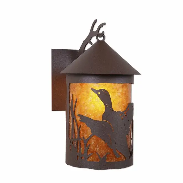 Cabin style Exterior Wall LIghts handmade in USA by Avalanche Ranch Lighting. This light features our exclusive metal wildlife art of a Loon. This Outdoor Wall Light is ideal for anyone looking to add rustic character or unique log home lighting to their home. Dimensions (inches): 17h x 10w and Takes 1 - Type A21 bulb - 150W max. Collection: Cascade Lantern-Loon Finish: Rustic Brown Glass: Amber Mica Width: 10.00" Height: 17.00" Extension from Wall: 12.00" Number of Bulbs: 1 Maximum Wattage: 150.00 W Bulb Type: A19 Bulb Base: Medium