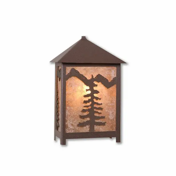 Ski Cabin style Exterior Wall LIghts handmade in USA by Avalanche Ranch Lighting. This light features our exclusive metal wildlife art of a Trees. This Outdoor Wall Light is ideal for anyone looking to add rustic character or unique log home lighting to their home. Dimensions (inches): 11h x 6w and Takes 1 - Type B11 bulb - 60W max. Collection: Hudson-Spruce Tree Finish: Rustic Brown Glass: Almond Mica Width: 6.00" Height: 11.00" Extension from Wall: 4.00" Number of Bulbs: 1 Maximum Wattage: 60.00 W Bulb Type: A19 Bulb Base: Medium