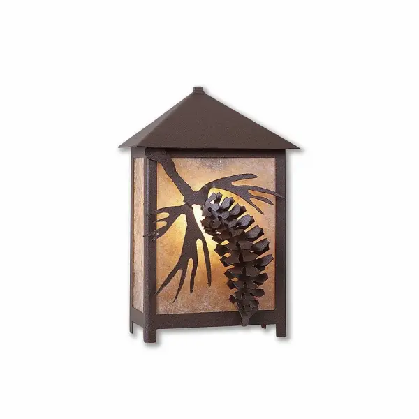Lake Cabin style Exterior Wall LIghts handmade in USA by Avalanche Ranch Lighting. This light features our exclusive metal wildlife art of a Pine Cone. This Outdoor Wall Light is ideal for anyone looking to add rustic character or unique log home lighting to their home. Dimensions (inches): 11h x 6w and Takes 1 - Type B11 bulb - 60W max. Collection: Sehome-Spruce Cone Finish: Rustic Brown Glass: Almond Mica Width: 6.00" Height: 11.00" Extension from Wall: 4.00" Number of Bulbs: 1 Maximum Wattage: 60.00 W Bulb Type: Medium Bulb Base: Medium