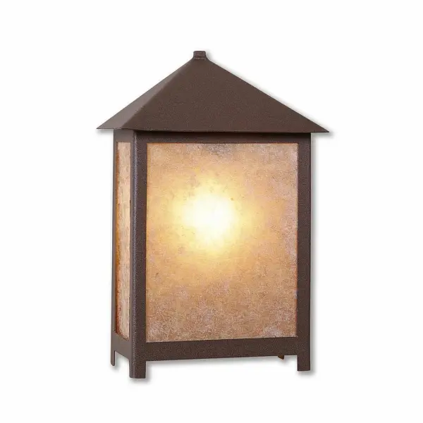 Lodge style Exterior Wall LIghts handmade in USA by Avalanche Ranch Lighting. This light features our exclusive metal wildlife art of a Rustic Plain. This Outdoor Wall Light is ideal for anyone looking to add rustic character or unique log home lighting to their home. Dimensions (inches): 13h x 8w and Takes 2 - Type B11 bulbs - 60W max. Collection: Hudson-Rustic Plain Finish: Rustic Brown Glass: Almond Mica Width: 8.00" Height: 13.00" Extension from Wall: 5.00" Number of Bulbs: 1 Maximum Wattage: 60.00 W Bulb Type: A19 Bulb Base: Medium