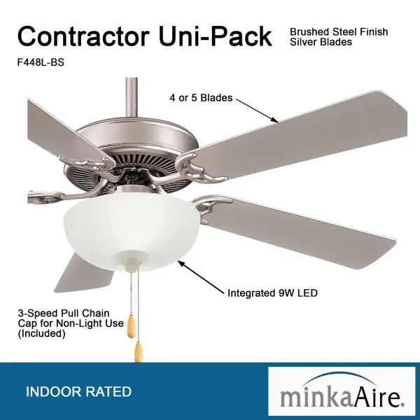 A practical ceiling fan solution combining efficient air circulation with integrated LED lighting. The brushed steel finish and clean design work well in contemporary spaces, while the contractor-grade construction ensures durability. - alternate view