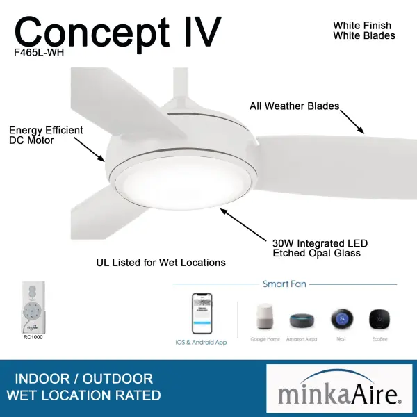 The Concept IV combines modern smart home technology with efficient DC motor performance. Its 54-inch blade span and integrated 2563-lumen LED light make it ideal for large rooms requiring both cooling and illumination. - alternate view