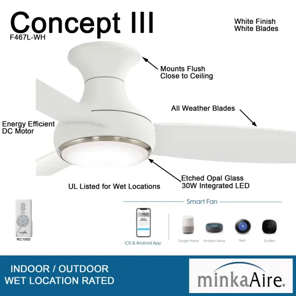 The Concept III combines modern smart home technology with efficient DC motor performance. Its 54" span and integrated 2563-lumen LED light make it ideal for large rooms, while the high CRI of 92 ensures excellent color rendering. - alternate view