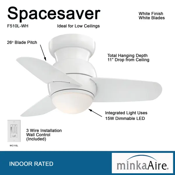 The Spacesaver 26" ceiling fan delivers efficient cooling and bright LED lighting in a compact flush-mount design. Ideal for rooms with low ceilings or limited space, it features energy-efficient LED technology with excellent color rendering. - alternate view
