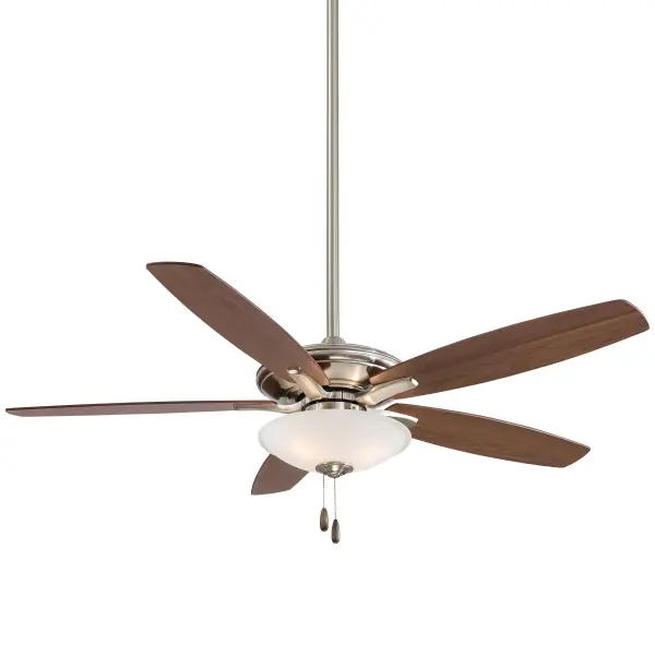 The Mojo LED ceiling fan combines efficient air circulation with integrated LED lighting in a transitional brushed nickel finish. Features reversible medium maple and dark walnut blades for design flexibility.