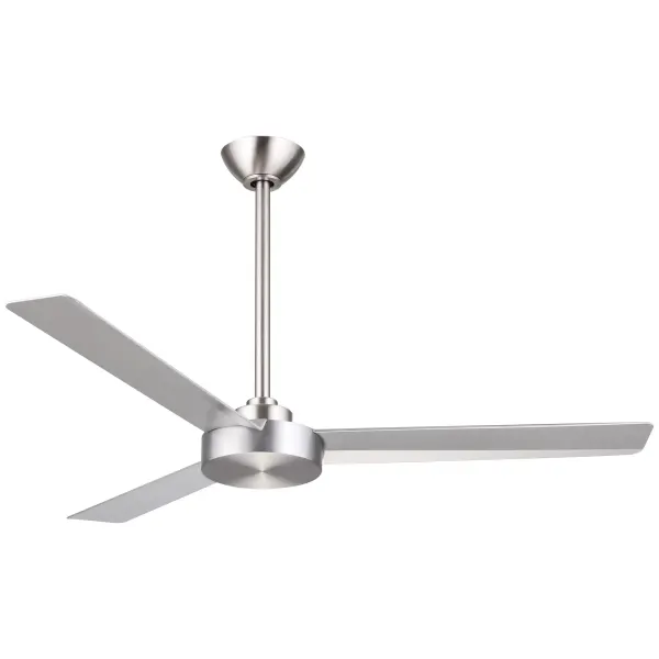 The Roto ceiling fan combines modern aesthetics with practical performance. Its brushed aluminum finish and silver blades create a clean, contemporary look that complements various interior styles.