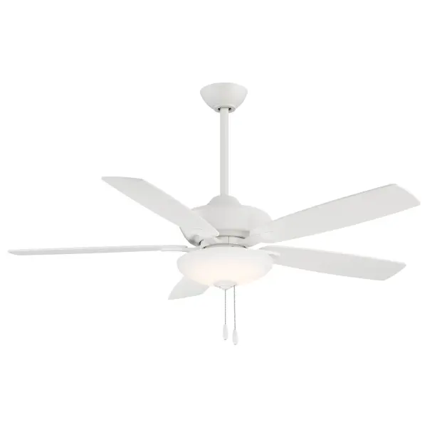 The Minute ceiling fan combines efficient DC motor technology with integrated LED lighting in a clean white finish. Its 52-inch blade span and high CRI lighting make it ideal for medium to large rooms.