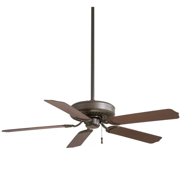 The Sundance 52" ceiling fan combines traditional styling with practical all-weather performance. Its Oil Rubbed Bronze finish and dark oak blades create a warm, inviting aesthetic suitable for various interior spaces.