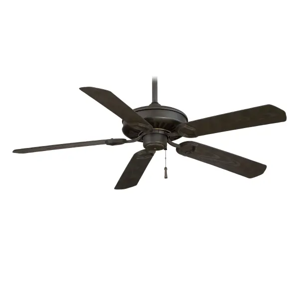The Sundowner ceiling fan combines industrial aesthetics with practical airflow in a 54-inch design. Features black iron finish with aged accents and a 16-degree blade pitch for efficient air circulation in large spaces.