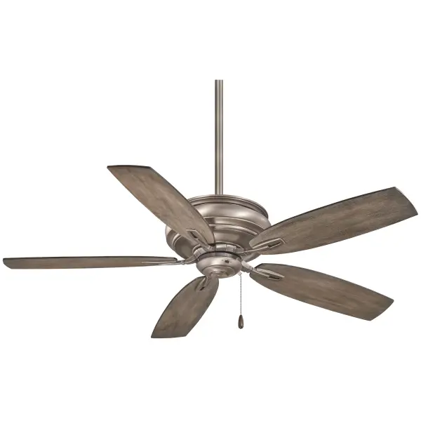 The Timeless ceiling fan combines a sophisticated burnished nickel motor housing with distinctive seashore grey plywood blades. At 54 inches, it's ideal for larger rooms, offering reliable air circulation with a 14-degree blade pitch.