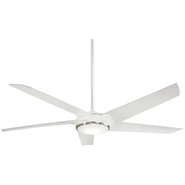 The Raptor combines contemporary design with energy-efficient DC motor technology and integrated LED lighting. Its 60-inch span and clean white finish make it ideal for large modern spaces requiring both air circulation and illumination.