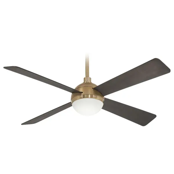 The Orb ceiling fan combines contemporary style with practical functionality, featuring a luxurious brushed brass finish, integrated LED lighting with excellent color rendering (CRI 94), and efficient airflow from 54" blades.