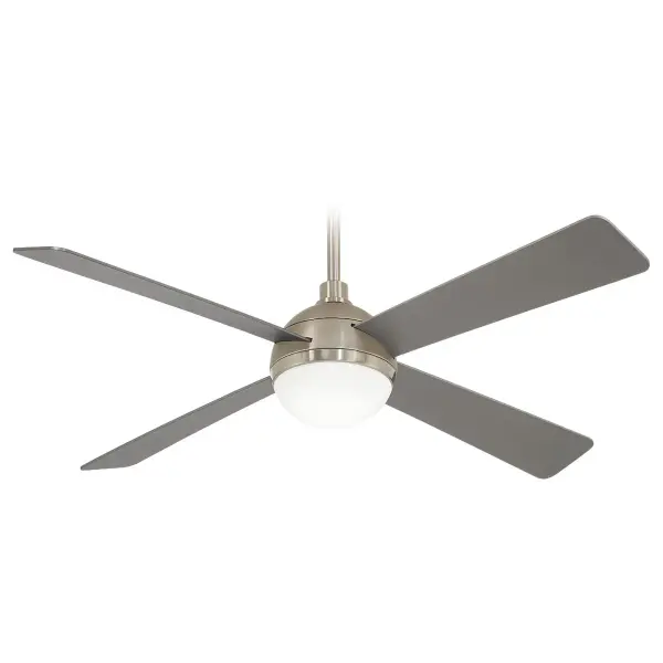 The Orb combines modern aesthetics with practical functionality, featuring energy-efficient LED lighting (1522 lumens, 94 CRI) and a powerful AC motor. The brushed steel finish with silver blades creates a sophisticated look.
