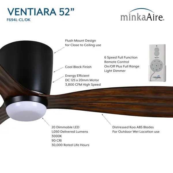 Ventiara 52" LED Flush Mount Indoor/Outdoor Ceiling Fan - Image 5