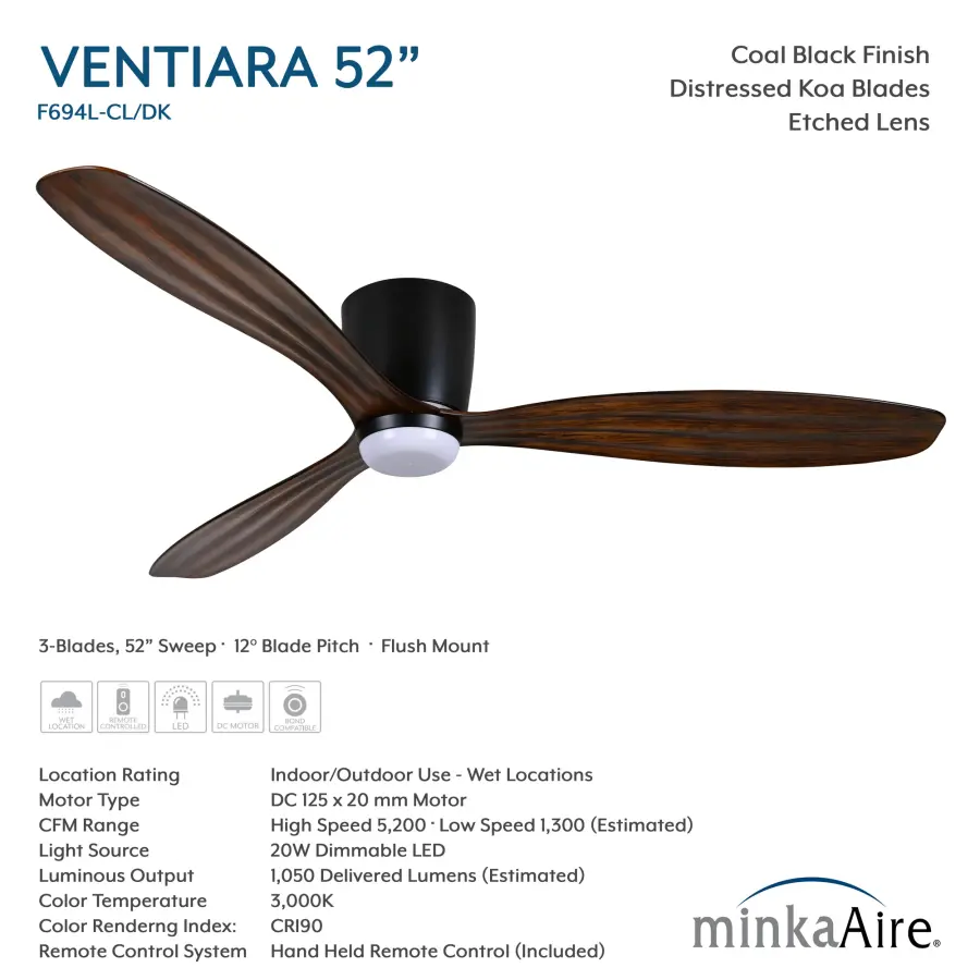 Ventiara 52" LED Flush Mount Indoor/Outdoor Ceiling Fan - Image 6