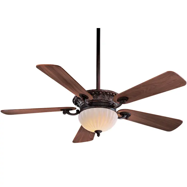 The Volterra combines traditional styling with modern LED efficiency. Features natural walnut blades, French scavo glass shades, and integrated up/down lighting delivering 1320 lumens. Dimmable AC motor with 14° blade pitch.