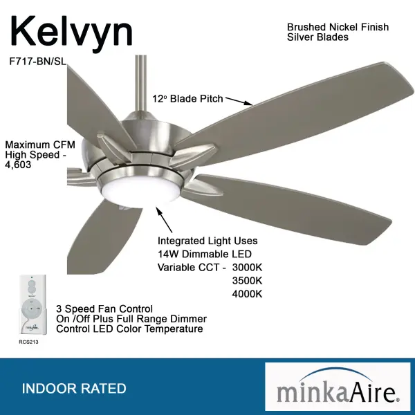 The Kelvyn combines contemporary styling with practical functionality, featuring integrated LED lighting that delivers 1519 lumens while the 52" blade span efficiently circulates air in large rooms. The brushed nickel finish and silver blades create a clean, modern aesthetic. - alternate view