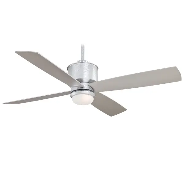 The Strata ceiling fan combines industrial galvanized styling with practical LED lighting. Its 52-inch blade span and AC motor provide reliable airflow for medium to large rooms, while the etched opal glass shade offers ambient illumination.
