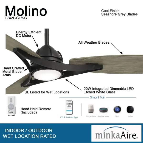 The Molino 65" smart ceiling fan combines contemporary style with advanced functionality. Its extra-large blade span delivers exceptional airflow for spacious rooms, while integrated LED lighting provides bright, energy-efficient illumination. - alternate view