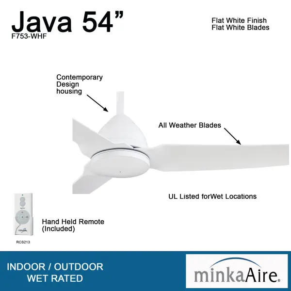 The Java ceiling fan delivers reliable air circulation in a minimalist white design. Its 54-inch blade span and 14-degree pitch make it ideal for large rooms, while the flat white finish complements modern interiors. - alternate view