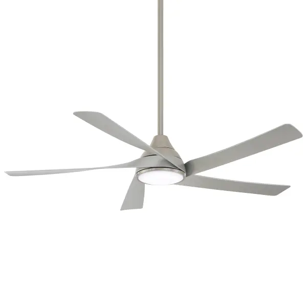The Transonic combines modern aesthetics with powerful performance, featuring integrated LED lighting (2750 lumens, 94 CRI) and a 56" blade span. The brushed nickel finish and silver blades create a sophisticated look.