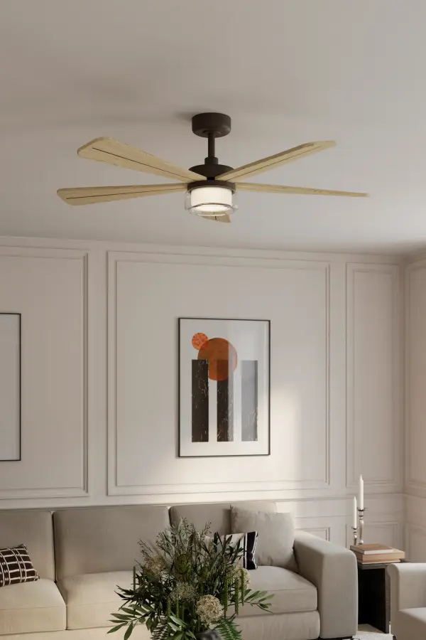 52" 5-Blade 5CCT LED Smart Ceiling Fan - Dark Bronze and White Oak Blades with Clear Glass - alternate view
