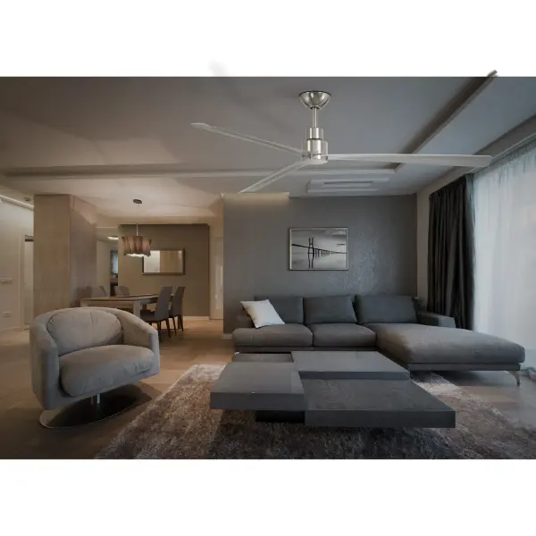 The Simple 65" ceiling fan delivers powerful airflow for expansive outdoor spaces with a wet-rated brushed nickel finish. Its DC motor provides energy-efficient operation while the oversized blade span handles large patios and porches. - alternate view