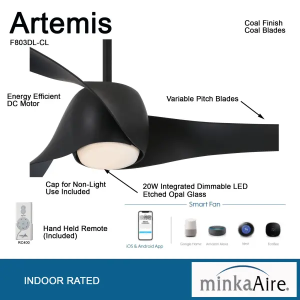 The Artemis combines modern design with smart technology, featuring a DC motor for whisper-quiet operation and energy efficiency. Its 58" span makes it ideal for larger rooms, while the integrated LED provides 1696 lumens of dimmable light. - alternate view