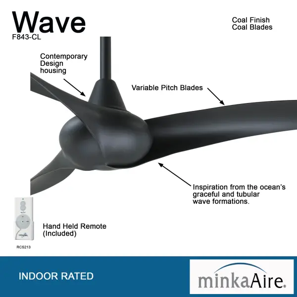 The Wave ceiling fan combines contemporary design with practical functionality. Its 52-inch blade span and coal finish create a bold statement while providing efficient air circulation for medium to large rooms. - alternate view