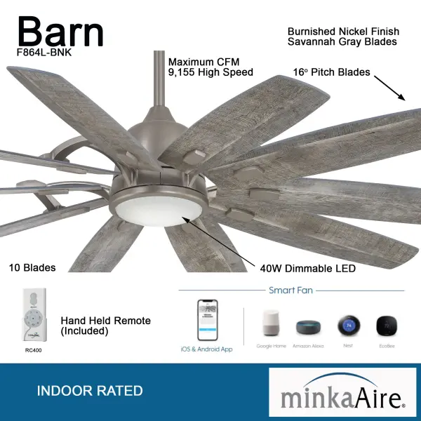 This 65-inch smart ceiling fan combines rustic farmhouse charm with modern DC motor efficiency. Ten plywood blades in Savannah Gray deliver powerful airflow, while integrated LED lighting with 94 CRI provides excellent color rendering. - alternate view