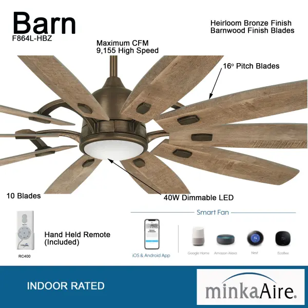 This 65-inch smart ceiling fan combines rustic barnwood blades with heirloom bronze finish for authentic farmhouse style. Features energy-efficient DC motor, 3200+ lumens of dimmable LED light, and smart controls for large spaces. - alternate view