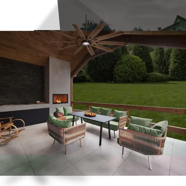 The Barn H20 combines farmhouse aesthetics with modern smart technology in an impressive 84-inch span. Perfect for expansive covered patios or great rooms, it delivers powerful airflow with energy-efficient LED lighting and barnwood-style blades. - alternate view