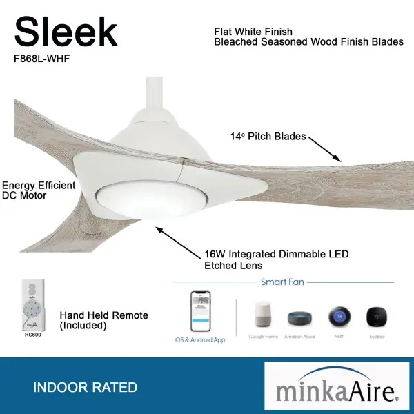 The Sleek 60" combines contemporary design with smart technology and integrated LED lighting. Its DC motor delivers whisper-quiet operation while Energy Star certification ensures efficiency. Perfect for modern spaces needing both cooling and illumination. - alternate view