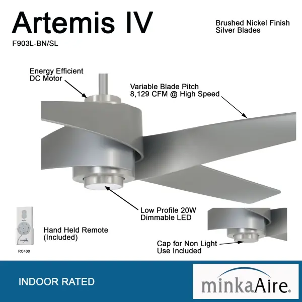 The Artemis IV combines exceptional airflow with integrated LED lighting featuring an impressive 96 CRI for true color rendering. Its DC motor delivers whisper-quiet operation while the sleek brushed nickel finish complements modern interiors. - alternate view