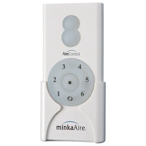 The AireControl remote offers comprehensive ceiling fan control with six forward and reverse speeds plus full-range light dimming. Its 32-bit technology ensures reliable wireless operation for modern fan systems.